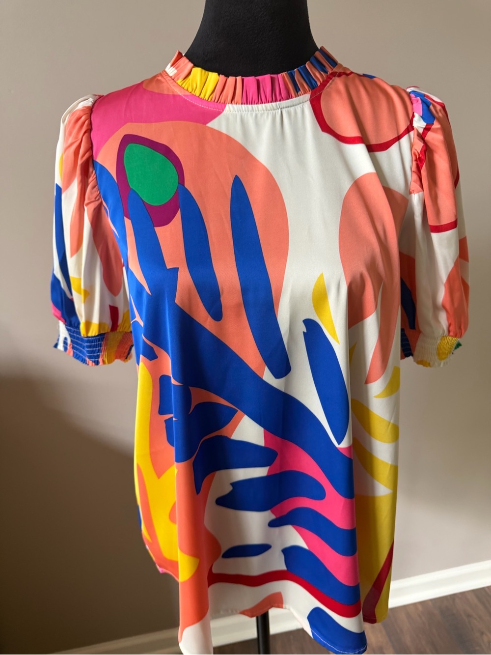 JODIFL Bright Multicolor Abstract Print Puff Sleeve Top MED